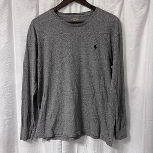 Polo Ralph Lauren Long Sleeve Heather Gray Navy Blue Embroidered Pony Medium EC